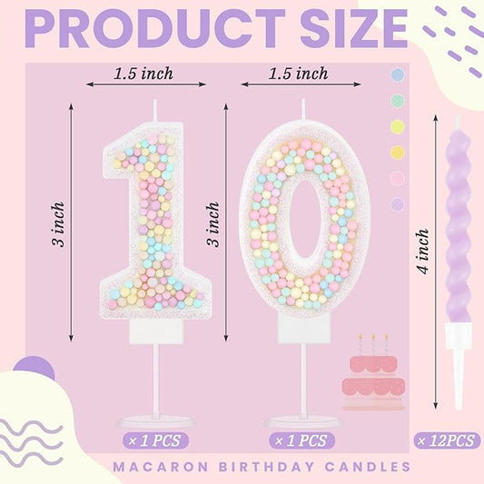 MTLEE Number 10 Birthday Candle with 12 Pcs Spiral Candles for Girls Macaron Pastel Rainbow Unicorn Pink Cake Topper for Sweet Theme Party Decoration