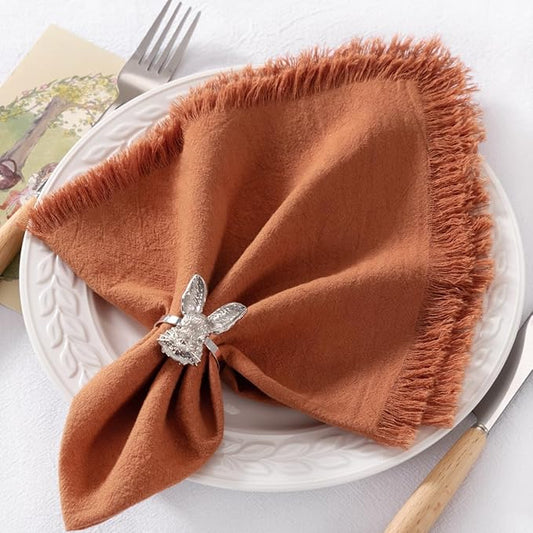 12 Pack Terracotta Cotton Linen Napkins with Fringe Christmas Cloth Napkins Set of 12 Boho Handmade Holiday Napkins Bulk for Wedding Baby Shower Parties, 17 x 17 Inches