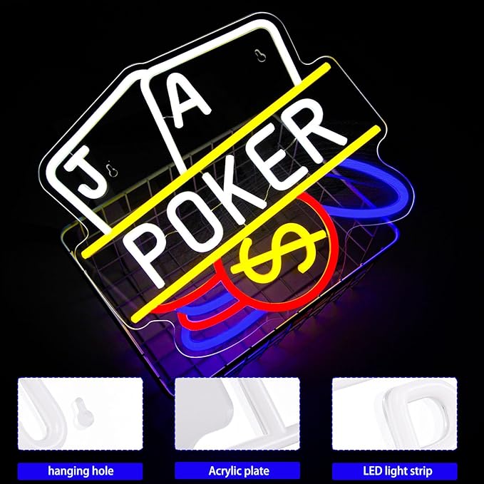 Poker Neon Sign, Playing Cards LED Neon Light for Wall Decor Casino Neon Lights for Man Cave, Bar, Bedroom, Hotel, Game Room, Casino Party Decorations Gift