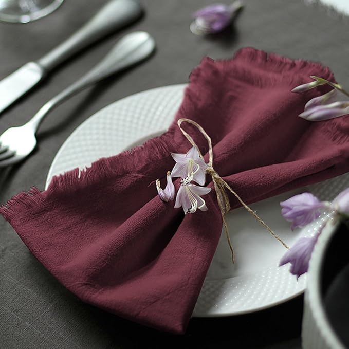 Handmade Cloth Napkins 100% Cotton Napkins with Fringe，Delicate Handmade Cloth Napkins for Dinners, Parties, Weddings and More，18 x 18 Inch Set of 6 - Burgundy