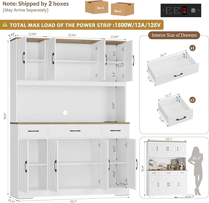 HOSTACK 71" Tall Pantry Cabinet with Charging Station, 55" Wide Kitchen Pantry Storage Cabinet with Countertop, Large Kitchen Hutch with Storage Drawers and Microwave Stand for Dining Room, White
