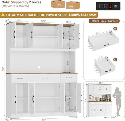 HOSTACK 71" Tall Pantry Cabinet with Charging Station, 55" Wide Kitchen Pantry Storage Cabinet with Countertop, Large Kitchen Hutch with Storage Drawers and Microwave Stand for Dining Room, White