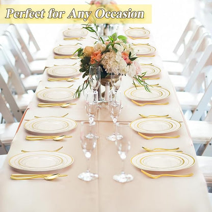 BESTSTAR 100PCS Clear Gold Plastic Plates Set, 50 10.25 inch Dinner Plates and 50 7.5 inch Dessert Plates, Disposable Plates for Party, Wedding