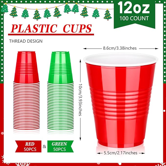 KesaPlan 100PCS 12oz Disposable Plastic Cups, Red and Green Christmas Party Drinking Cups, Xmas Holiday Supplies