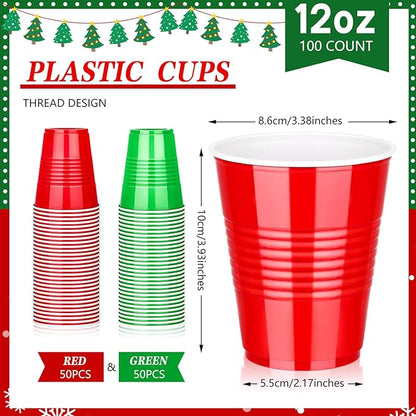 KesaPlan 100PCS 12oz Disposable Plastic Cups, Red and Green Christmas Party Drinking Cups, Xmas Holiday Supplies