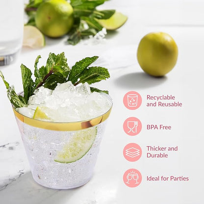 Prestee 100-Pack 9oz Gold Rimmed Plastic Cups Disposable Wine Glasses for Charcuterie, Weddings, Parties, and Events - Elegant Cocktail and Drinking Cups for Champagne, Martini, and Mocktails