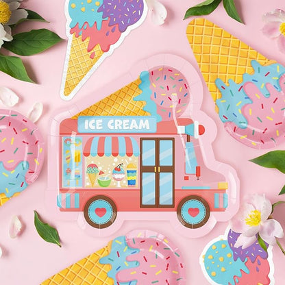 Ice Cream Party Supplies Kit for 24: Ultimate Bundle with Vibrant Paper Plates, Napkins, Cups, Tablecloth & Banner - Ice Cream Birthday Party Decorations