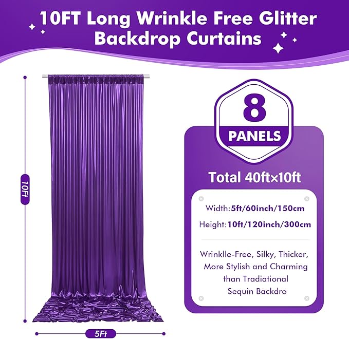 40ftx10ft Shimmer Purple Sequin Backdrop Curtain for Parties, Thick Wrinkle Free Glitter Backdrop Drapes Photo Back Drop Curtains for Birthday Wedding Halloween Photography Background-8 Panels 5x10ft