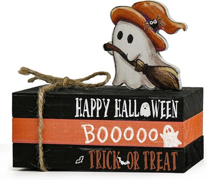 Smile Halloween Wooden Stack, Ghost Bat Mini Faux Books Bundle, Trick or Treat Tiered Tray Decorations, Indoor Decor for Kitchen Bathroom and Home Table Shelf