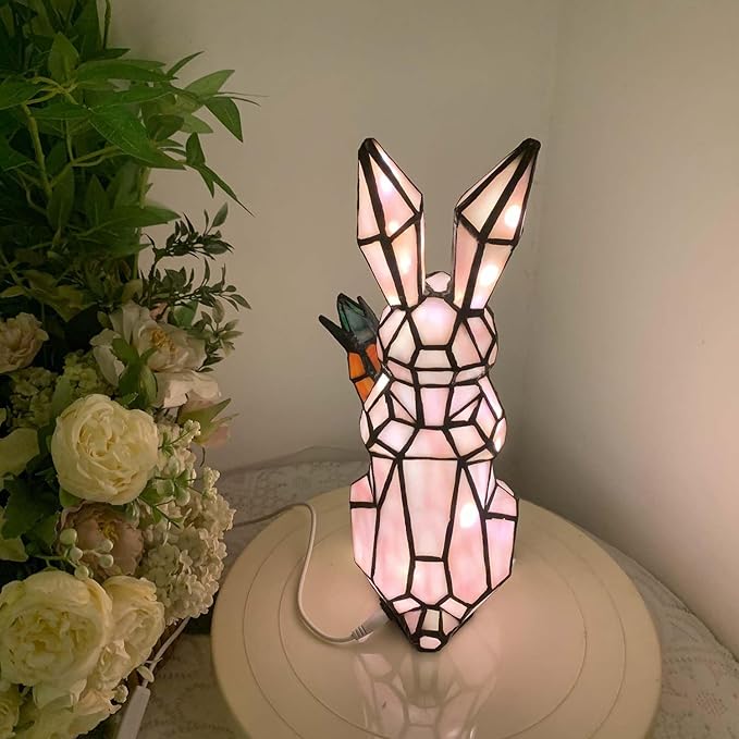 Bieye L10949 Rabbit Holds Carrot Tiffany Style Stained Glass Accent Table Lamp for Home Decor (Pink)