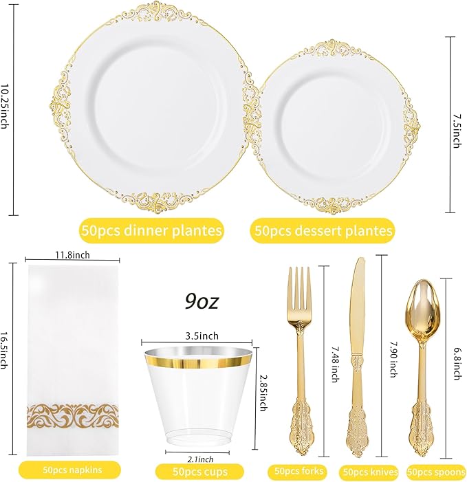 Hioasis 350pcs White and Gold Plastic Plates - Elegant Disposable Dinnerware Set Include 10.25" Dinner & 7.5" Dessert Plates, Knives, Forks, Spoons, Napkins, Cups for Party & Wedding
