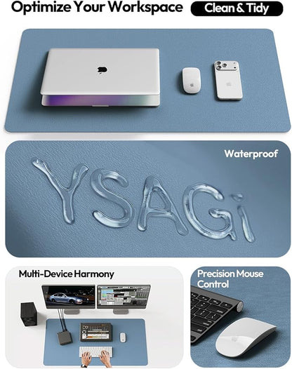 YSAGi Leather Desk Protector, Office Mat, Large Mouse Mat, Non-Slip PU Leather Blotter, Laptop Desk, Waterproof Writing Pad for Office and Home (Blue, 23.6" x 13.8")
