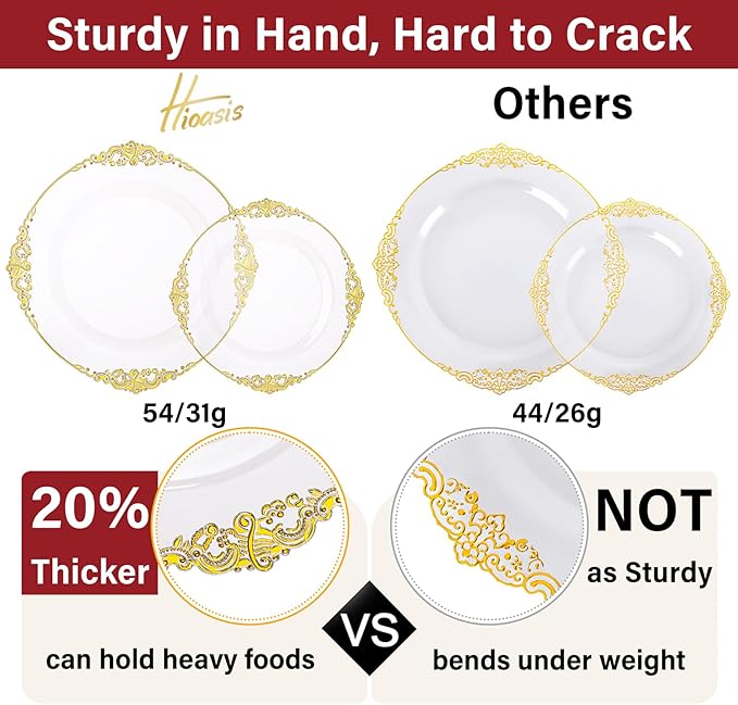 Hioasis 210pcs Clear and Gold Plastic Plates - Elegant Disposable Dinnerware Set Suitable for 30 Guests Include 10.25" Dinner & 7.5" Dessert Plates, Pre Rolled Silverware Set, Cups for Party & Wedding