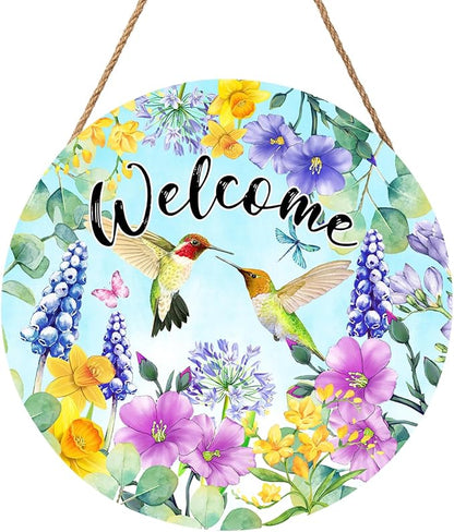 Welcome Spring Hummingbird Front Door Sign Decor 12"x12" Spring Floral Flowers Wood Door Hanger for Outdoor Outside Porch Seasonal Summer Farmhouse Wooden Wreath Wall Hanging Sign for Home Yard