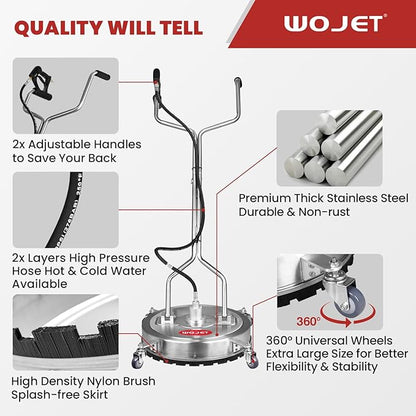 WOJET 22" Pressure Washer Surface Cleaner with 4 Wheels & Dual Handles & 3 Nozzles, 4500PSI 6GPM Stainless Steel Pressure Washer Attachment for Concrete Driveway Sidewalk Deck Patio, Commercial Grade
