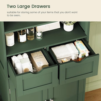 Iwell Bathroom Storage Cabinet with 2 Drawers & Adjustable Shelf, Storage Cabinet with Doors, Kitchen Pantry Storage Cabinets, Cupboard, for Living Room, Dining Room, Entryway, Green