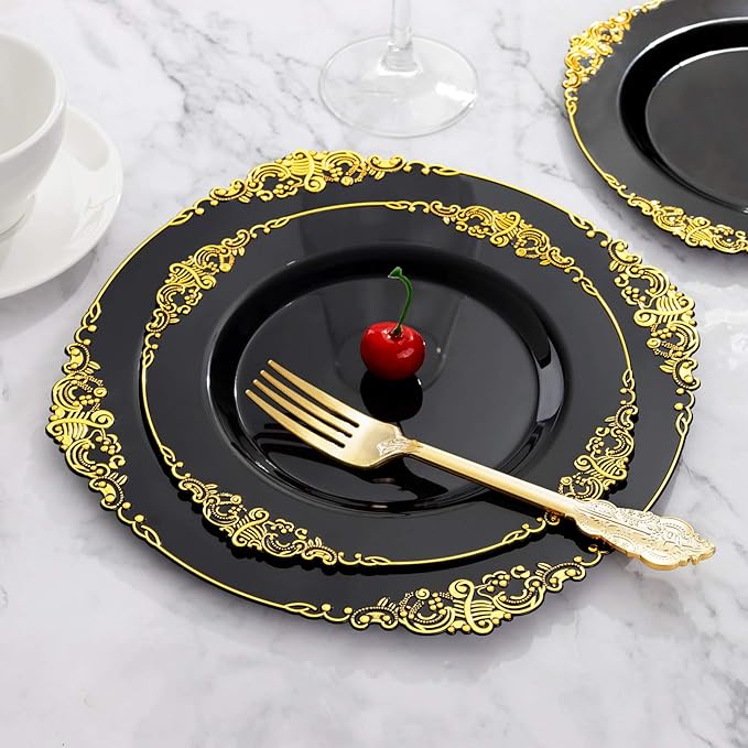 Hioasis 175pcs Black and Gold Plastic Plates - Elegant Disposable Dinnerware Set Suitable for 25 Guests Include 10.25" Dinner & 7.5" Dessert Plates, Cutlery, Napkins, Cups for Party & Wedding