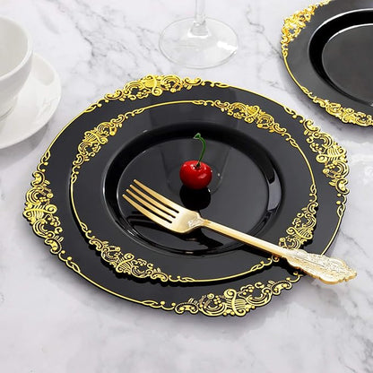 Hioasis 175pcs Black and Gold Plastic Plates - Elegant Disposable Dinnerware Set Suitable for 25 Guests Include 10.25" Dinner & 7.5" Dessert Plates, Cutlery, Napkins, Cups for Party & Wedding