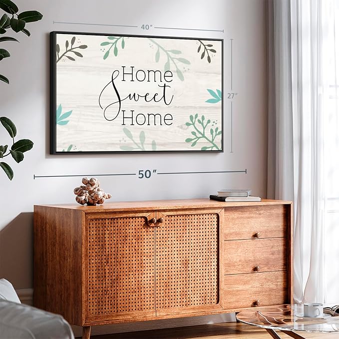 Elephant Stock Home Sweet Home Foliage Wall Art - Horizontal Floating Framed Canvas - 1-Piece Living Room Wall Decor - Leaf Digital Art Canvas Print - Beige and Black Decor for Wall by Susan Jill - 40" X 27"