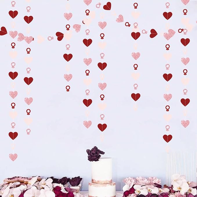 Rose-Gold Pink Burgundy-Red Heart-Ring Garland - 52Ft Engagement Bachelorette Party Decorations Wedding Paper Streamers Banner, Galentines Proposal Decor Lasting Surprise