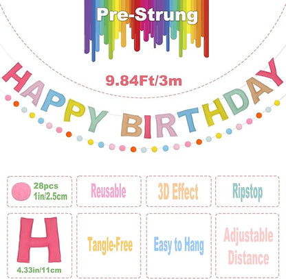 2 PCS Pre-Strung 3D Felt Happy Birthday Banner - Reusable Macaron Happy Birthday Decorations Sign, Felt Ball Garland, Pom Pom Garland, Party Decor, Photo Prop