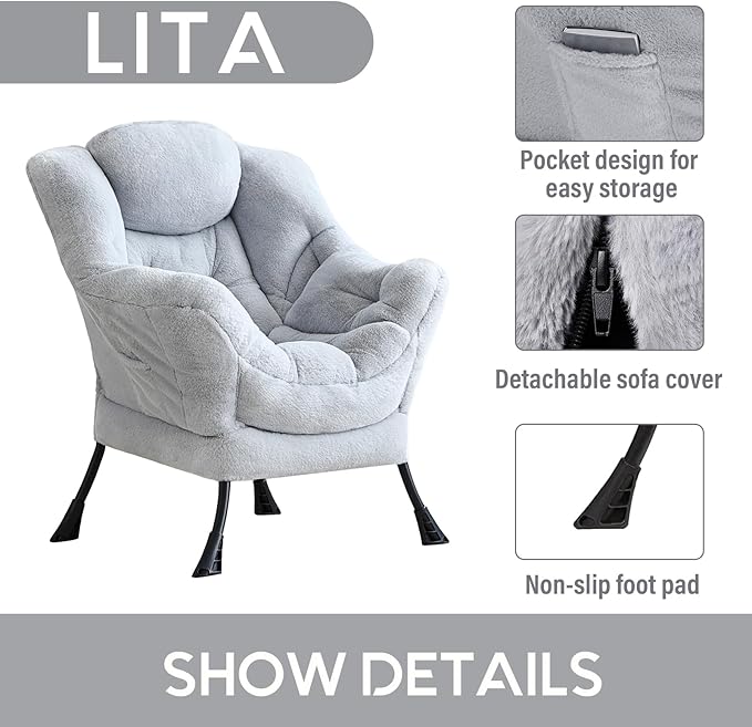 LITA Lazy Chair with Armrests and Side Pocket, Modern Upholstered Accent Reading Chair for Living Room, Bedroom, Dorm, Small Spaces, Single Plush Grey