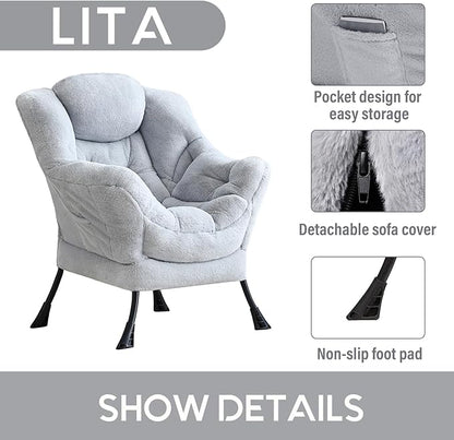 LITA Lazy Chair with Armrests and Side Pocket, Modern Upholstered Accent Reading Chair for Living Room, Bedroom, Dorm, Small Spaces, Single Plush Grey