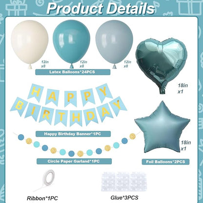 Blue Birthday Party Decorations for Boys Men Dusty Blue Sand White Balloon Set with Star Heart Foil Balloons Happy Birthday Bunting Banner Garland Navy Light Cream Beige Party Decor Kit Baby Girls