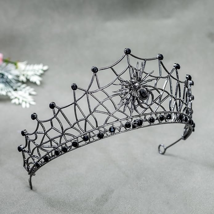 Gothic Black Spider Web Crown for Women Dark Queen Crystal Tiara Metal Headpiece Vampire Cosplay Masquerade Party Prom Night Witch Sorceress Costume Accessory