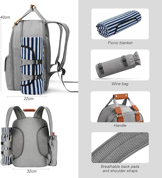 Picnic Backpack Bag for 4 Person with Cooler Compartment and Wine Holder,Fleece Blanket,Cutlery Set,for Camping,Beach,Day Travel,Hiking,BBQ and Family/Couples Gifts,Accessories,Supplies(Light Gray)