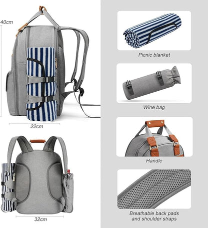 Picnic Backpack Bag for 4 Person with Cooler Compartment and Wine Holder,Fleece Blanket,Cutlery Set,for Camping,Beach,Day Travel,Hiking,BBQ and Family/Couples Gifts,Accessories,Supplies(Light Gray)