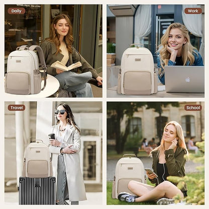 LOVEVOOK Laptop Backpack for Women with Pouch Pocket for Large Capacity Cup,17 Inch Laptop Computer Bag Travel Backpack Purse,Waterproof Work Business Backpack College Teacher Bags,Beige-Khaki