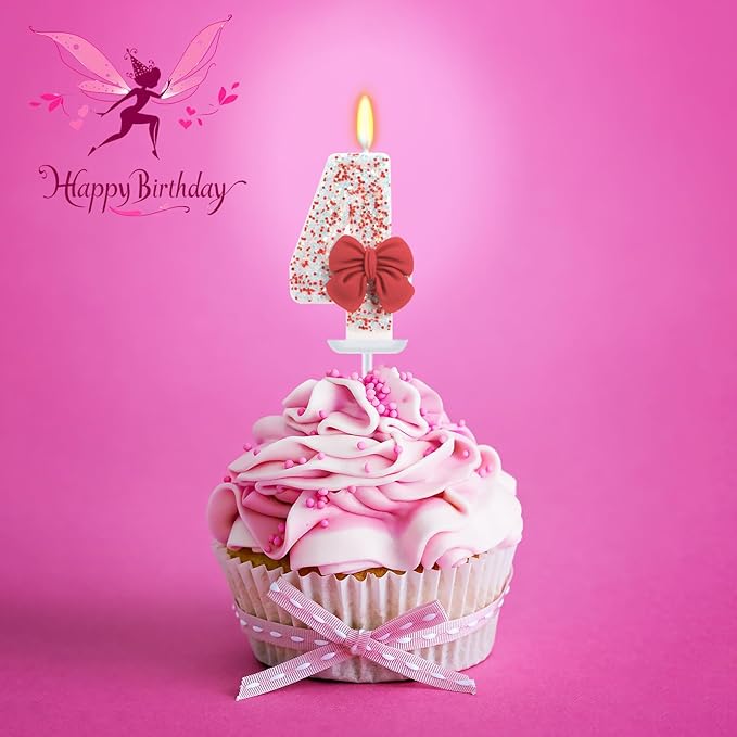 Birthday Candle for Cake, Red Bow Number Candles, 2.76 inch Cake Topper Decoration for Birthday Party (Number 4)