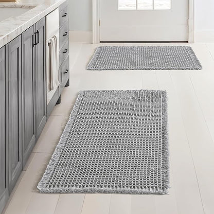 MIULEE Set of 2 Waffle Bathroom Rugs, Boho Bath Rugs Non Slip Washable, Super Absorbent Bath Mats, Ultra Soft Rubber Backed Shower Mats for Bathroom Floor, Tub and Shower, Light Grey, 17x24 Inch
