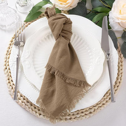 12 Pack Nude Cotton Linen Napkins with Fringe Christmas Cloth Napkins Set of 12 Boho Handmade Holiday Napkins Bulk for Wedding Baby Shower Xmas Dinner Table Parties, 17 x 17 Inches