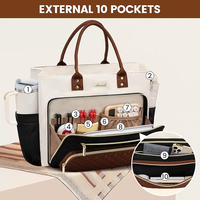 LOVEVOOK Teacher Tote Bag for Women, Laptop Bag Work Bags Computer Bag, Professional Briefcase Business Large Purses Handbag Gifts, Black-Beige-Brown, 17 Inch