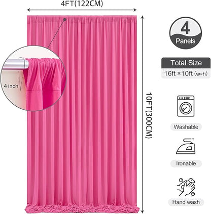 16 x 10ft Hot Pink Backdrop Curtains for Girls Party Photo Background Curtains Wrinkle Free Drapes for Backdrop Long Curtain for Wedding Bridal Shower Valentine's Day Birthday Baby Shower, 4 Panels