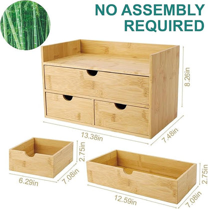 3 Drawer Bamboo Desk Organizer with Shelf – Makeup Storage & Tabletop Organizer for Home Office, Workspace, or Bathroom – No Assembly Required