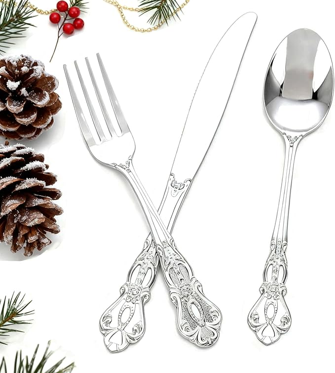 90PCS Silver Plastic Silverware - Heavy Duty Silver Disposable Cutley - Fancy Plastic Utensils Flatware Include 30 Forks, 30 Spoons, 30 Knives for Catering, Parties, Dinners, Weddings