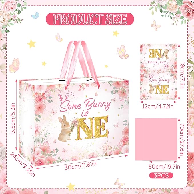 First Birthday Party Decorations for Girls Large Rabbit 1st Birthday Gift Bag Pink Bunny Floral Baby Shower Bag with Handles Tissue Paper Greeting Card for Christmas Some Bunny Is One Party Supplies
