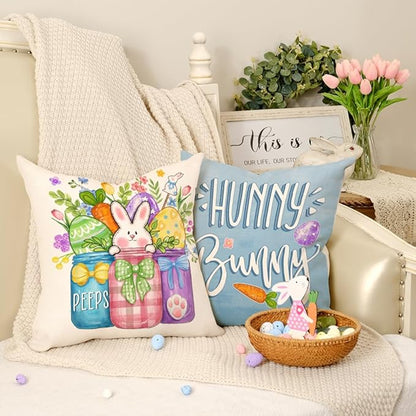 GEEORY Happy Easter Eggs Hunny Bunny Throw Pillow Covers 16x16 Inch Set of 4, Peeps Mason Jars Truck Spring Decorative Farmhouse Holiday Cushion Case for Home Decoration G688-16