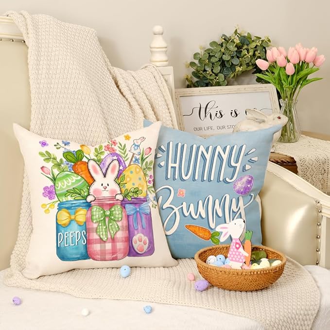 GEEORY Happy Easter Eggs Hunny Bunny Throw Pillow Covers 20x20 Inch Set of 4, Peeps Mason Jars Truck Spring Decorative Farmhouse Holiday Cushion Case for Home Decoration G688-20