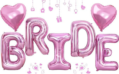 40inch Pink BRIDE Letter Balloons, Giant Pink Bride Foil Helium Balloon Banner with Heart Balloon for Bride to Be Wedding Engagement Bridal Shower Bachelorette Party Decoration