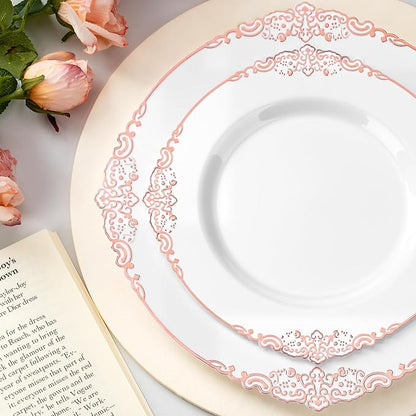 350PCS Rose Gold Plastic Plates for 50 Guests, Disposable Dinnerware Sets Include 100 Rose Gold Rim Plastic Plates, 50 Silverware and Cups, 50 Pre Rolled Napkins for Party, and Graduation