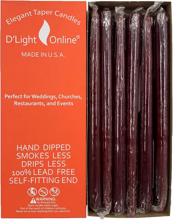 D'light Online Elegant 10" Unscented Burgundy Taper Candles, Premium Quality Hand-Dipped Tapered Candles, Dripless and Smokeless - Set of 12 Individually Wrapped (10 Inch, Burgundy)