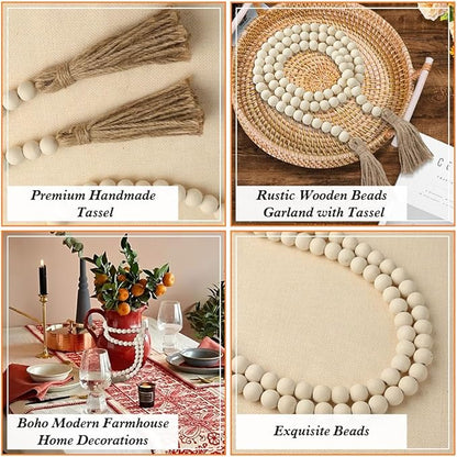 Wood Bead Garland 58 Inch Nature Wooden Beads for Boho Farmhouse Table Home Decor with Tassel, Wooden Prayer Bead, Rustic Country Boho Wall Hanging Decor for Kitchen Modern Living Room Tray Vase Shelf