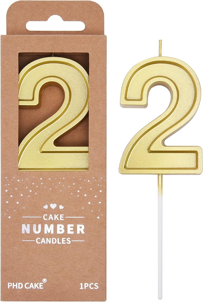 PHD CAKE 2.76 Inch Luxe Gold 2 Number Birthday Candles, Gold Number Candle, Cake Number Candles, Party Celebration