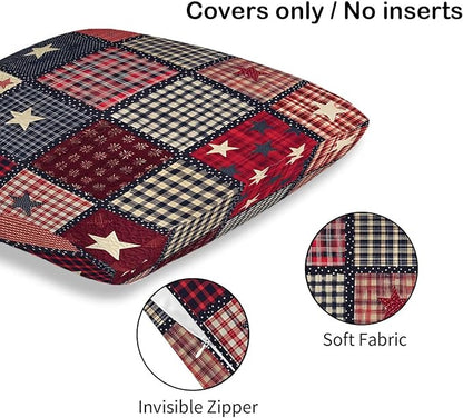 Flag Patchwork Print Throw Pillow Covers Set of 2 | 18x18 Inches Cushion Cases for Couch, Sofa, Bedroom and Living Room | Farmhouse Pillowcases for Home Decoration