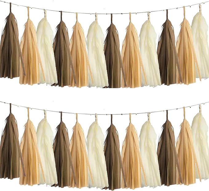 We Moment Brown Khaki WhiteTassel Garland Banner Paper Tassels for Boho Rustic Neutral Birthday Party Decorations,Pack of 15