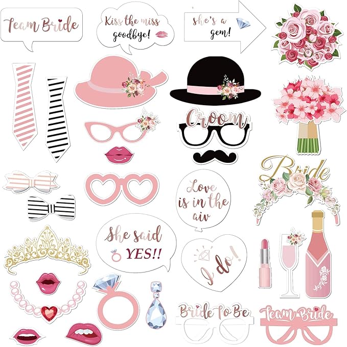 HARZHI Photo Booth Props Kit for Birthday Wedding Party Supplies Carnival Crazy Dance Decor Photobooth Funny Cute Holiday Selfie Supplies Masked Ball (32 Pcs Wedding)